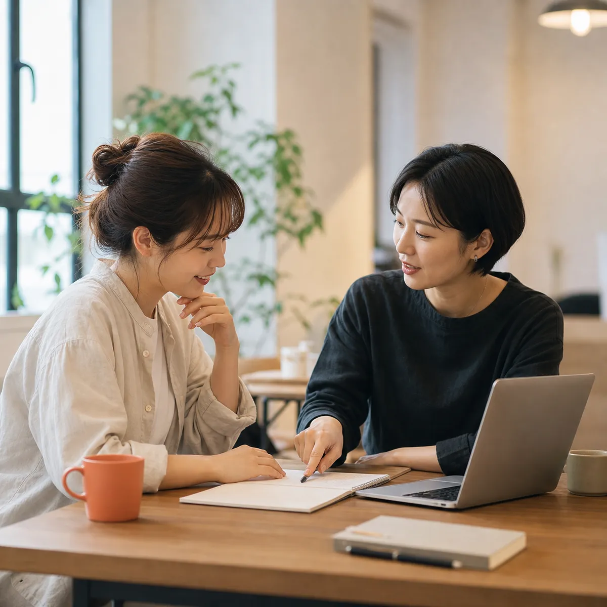 ノートを指しながら相談する2人