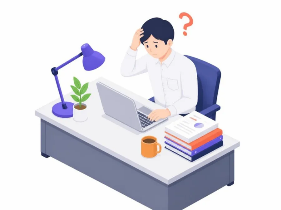 パソコンの前で頭を抱えて考え込む会社員のイラスト
