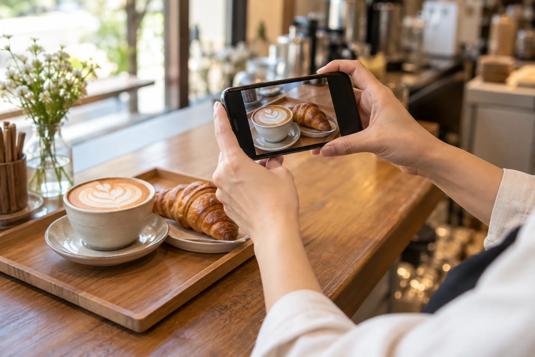 カフェラテとクロワッサンをスマートフォンで撮影するイメージ